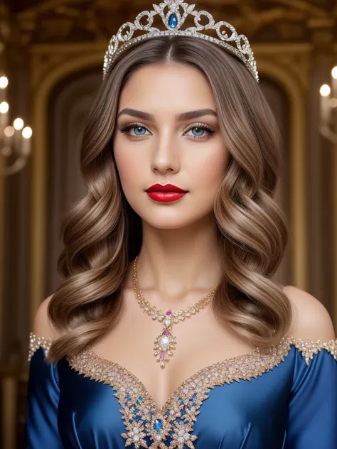  wearing a tiara with gorgeous jewels,[ digital SLR , masterpiece, Best Quality,  High Resolution , 8k,  super real, The pinnacle of beauty , cute, Attitude expression, lipstick, Full Body Shot], Beautiful woman, Looking to the side, Shes wearing a cobalt ...