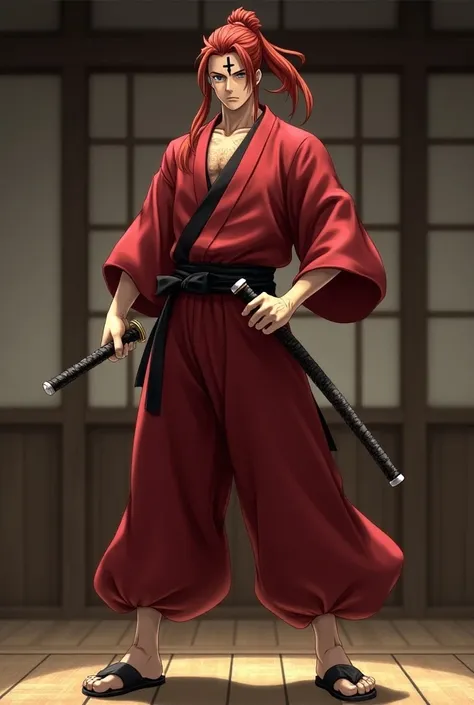 kenshin rk, solo, long hair, 1boy, ponytail, red kimono, japanese clothes, scar, sandals, hakama, hakama skirt, pose de batalha, em um dojo medieval, Wear Japanese clogs 