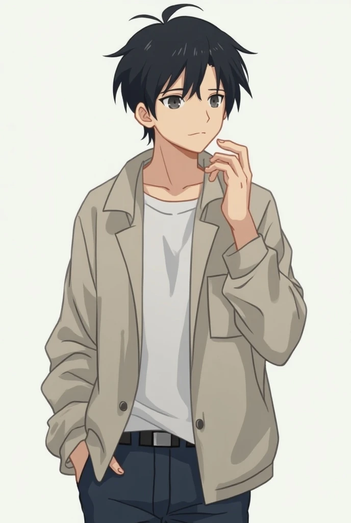 Japanese、male、Young people、youth、、Black Hair、 hair down 、Slightly short hair 、A relaxed expression、 with one hand in pocket、Thinking deeply、Anime Style