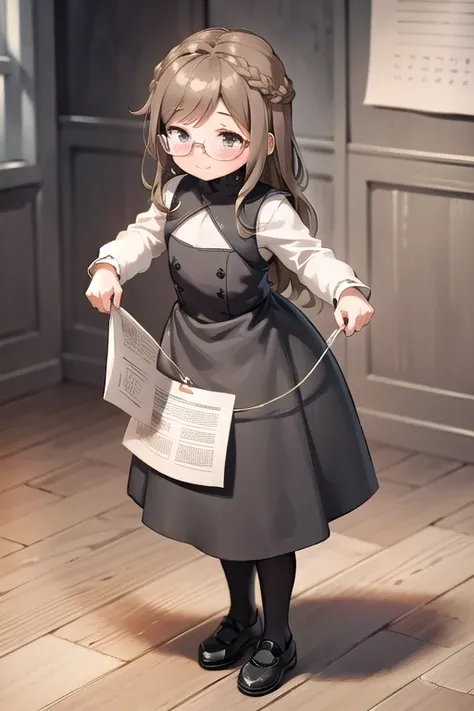 Shepherd Girl ,  Dark gray dress with long sleeves and reaches up to the knees,  white stockings ,  flat black ballets, light skin,  brown hair with a marked blonde gradient , white glasses, blushing, with a shy smile,  in an empty room , wooden floor, sta...