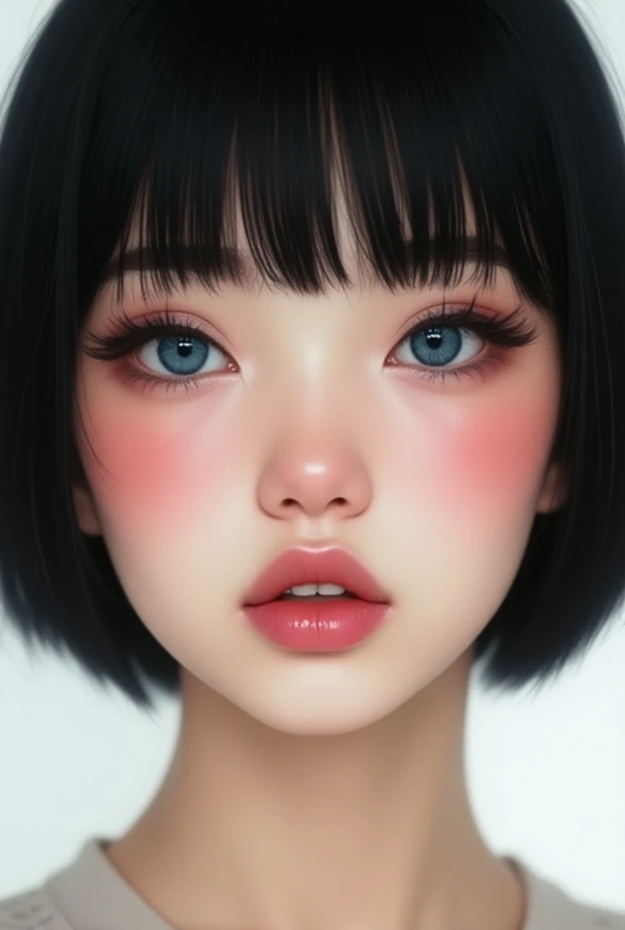 ((Extremely realistic)), ( super real), generate a highly realistic image, white backdrop,,15-year-old female,blackのshort bob hair, Im hiding my forehead with bangs,blue eyes,Long False Eyelashes,Thick lips,Clear eyeliner、 Open the center of your lips、extr...