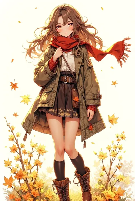 (autumn colored soft layer),(solo),1girl(long brown hair, cute, autumnal attire, scarf, coat, boots, pinching leaves(which are shining golden through the sunlight),full body,looking away),(from side:1.5), long shot, (simple minimalism white background:1.5)...