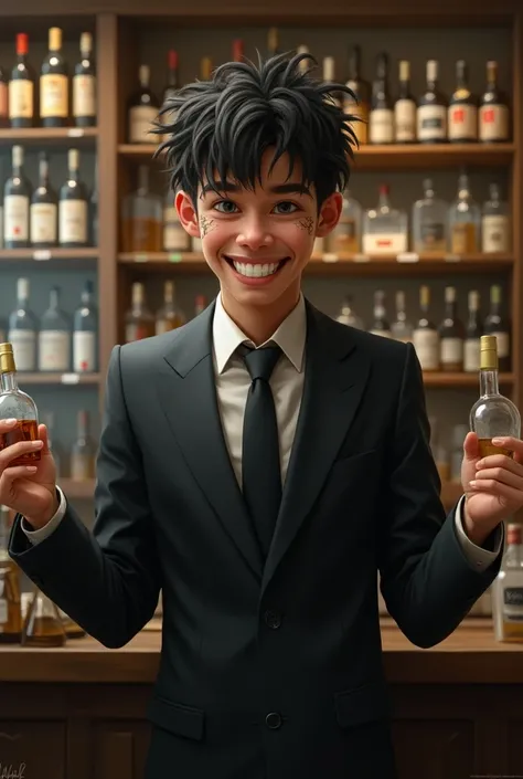 Young man with a malnourished book hairstyle with two big front teeth wearing a suit in a liquor store selling 
