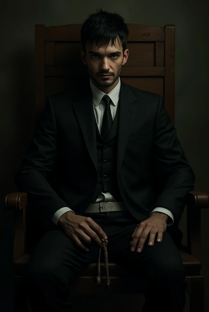  A man in white bele wearing a black suit sitting on a chair made of old wood,  the man has a serious expression on his face and a cold look with a creepy look , The man has short straight black hair dark green eyes , The man has his left hand on the arm o...