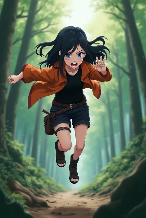  Naruto character with black hair,  blue eyes ,  ninja clothes , girl   , in a black shirt,orange jacket,  knee-length black shorts  ,  , with kunai   ,Forest training ,  shinobi accessory  ,  Long hair,  she is a shinobi from Konoha  ,white skin , ,  seri...