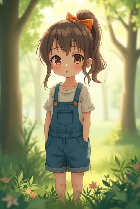 Moe girl 　Being in nature　 wearing overalls 　 has a ponytail with a bow　 looks like a turned-woman 　 please make it with her whole body 