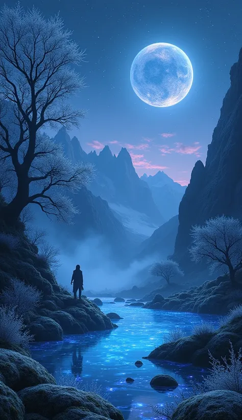 Photorealistic image of a mystical twilight landscape in a primordial valley, towering mist-shrouded mountains, crystal-clear pool reflecting deep indigo sky, bioluminescent flowers with soft blue glow, ancient gnarled trees with silvery bark, glowing moss...