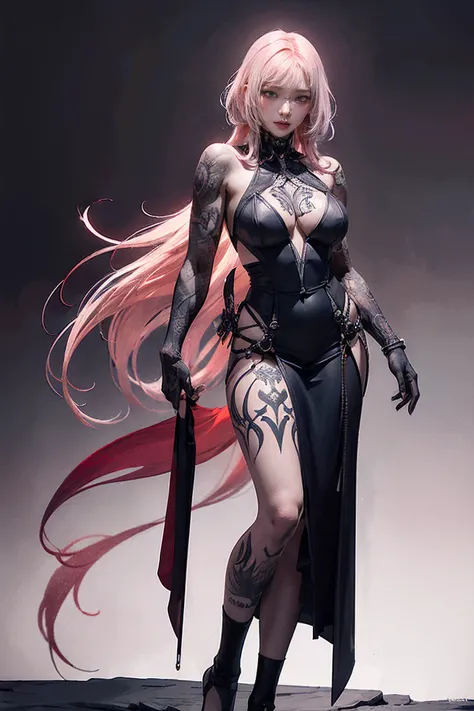 (nsfw:0.9),(Full Body Shot),(Large Breasts),(( abs are very prominent )), ((((Pink Hair))),  detailed portrait of an adult woman in a dark fantasy setting that makes you feel mysterious and dangerous, Bright Blue  eyes that emanate a sense of danger [Detai...