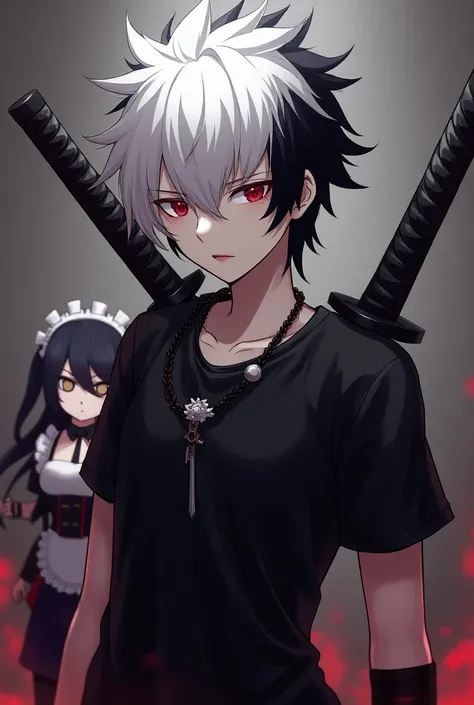 My character is from Roblox its called they have white hair like tips Asia down 
Quite like Emo has a necklace with thorns he has two katanas on his back his skin is white and red eyes teen anime woman big boobs in maid clothes 