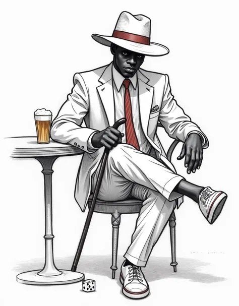  Black and white drawing in the sketch-fine line style and pointillism by Zé Pilintra, a black man, sitting, Throwing dice on a bar table with a glass of beer, with her legs crossed, holding a cane, Head lowered without showing the face, white Panama hat w...