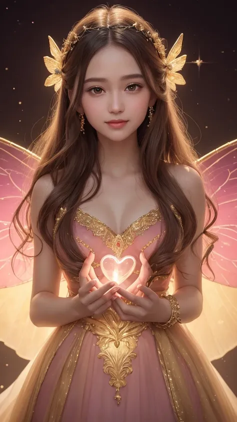 A cute fairy with a youthful appearance of love in a gold dress with airy, brown long hair, holding a pink glass heart in front of her chest. She has translucent, colorful wings and her face is symmetrical, facing forward, and gently smiling at the viewer....