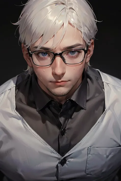 Blush, shy, Sweat face, Handsome nerdy male, 1male,Man in suit,nerd,nerd boy,Strong shoulder width, human, simple black hairstyle, gentleman style,A man in his 30s with shy expression, bed background, (masterpiece:1.21),(bestquality:1.21),8k,high detailed,...