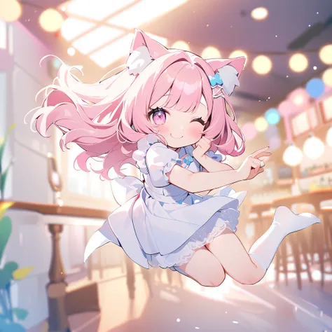  1 girl(:d, > <,Blue eyeshadow,cute, plump, Long Hair,Pastel light pink hair,Wavy Hair,Hair floating, Pale skin, pink cheeks,Pink Lips,bangs, cat ears, dress(short,Pastel Pink,  ta fashion ,  開いたchestの谷間 ), White Apron ,chest,   blurred foreground , , Boke...