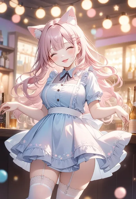 1 girl\(:d, > <,blue eyeshadow,cute, plump, long hair,pastel light pink hair,wavy hair,hair floating, pale skin, pink cheeks,pin...