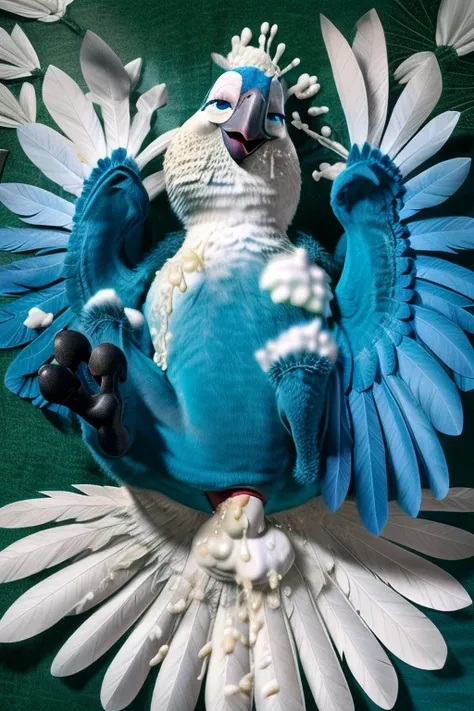 ((NSFW, sexual)), rio movie, jungle landscape, Mimi a female Spix macaw, Blue feathers, avian, ((anthro)), human body, furry, feathered arms, chubby body, (((exposing very big breasts, big ass)))), ((((((Blue feathers, legs up, excessive white pee, excessi...