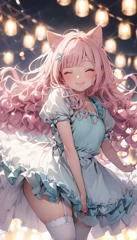  1 girl(:d, > <,Blue eyeshadow,cute, plump, Long Hair,Pastel light pink hair,Wavy Hair,Hair floating, Pale skin, pink cheeks,Pink Lips,bangs, cat ears, dress(short,Pastel Pink,  ta fashion ,  開いたchestの谷間 ), White Apron ,chest,   blurred foreground , , Boke...