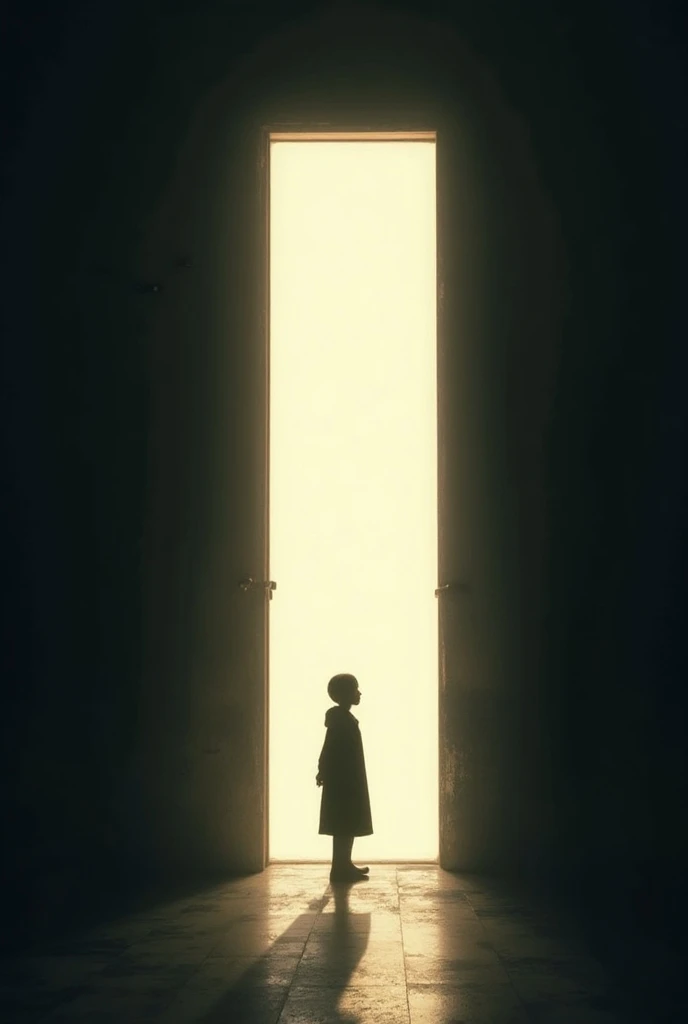 A symbolic image of an open doorway leading to a bright opportunity, but shadowy figures of doubt and fear hold someone back from walking through. Light shines on one side, while hesitation looms on the other.

