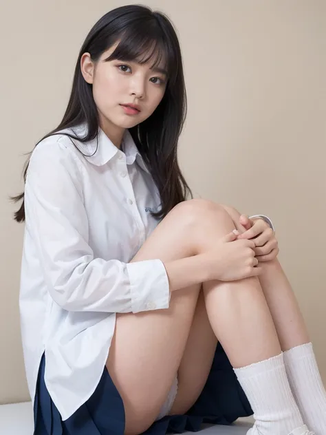 8k、 High Resolution 、masterpiece、Realistic、detailed、fine texture、 high contrast 、Alone、Age 15、High school girl、 cute girl 、Natural body shape、White skin、 natural makeup、 Black Hair 、bangs、( medium hair)、(knees up,sitting:1.7)( white panties to be covered:1...