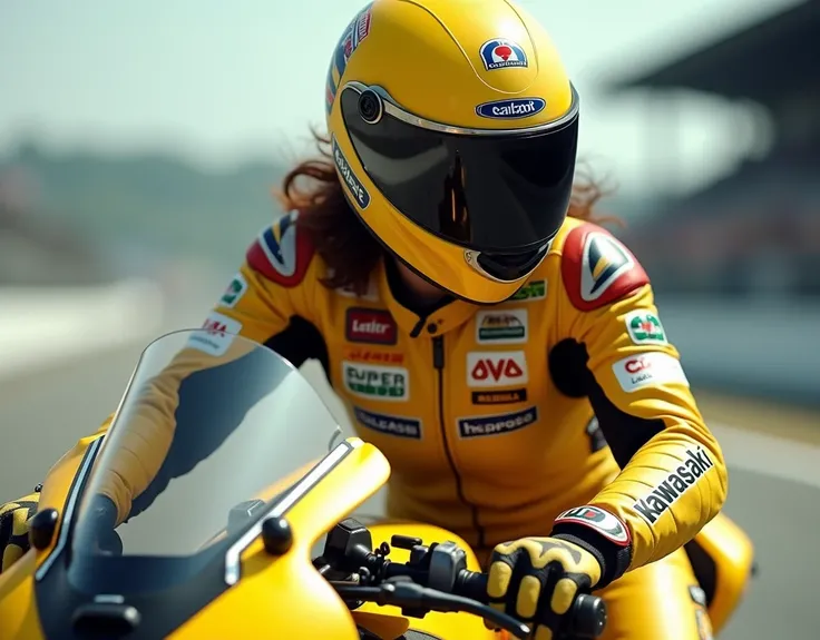 Madhuri Dixit as superbike racer, wearing yellow leather biker suit with sponsor ads, closed jacket, riding a Kawasaki ninja, wearing a yellow racing helmet with transparent visor, wearing a black face mask, full view of bike, race podium background, diago...