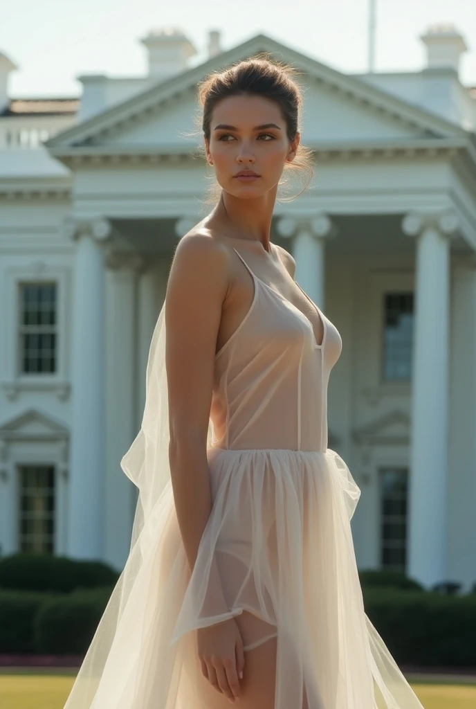 A beautiful woman waring transparent dress Infront of white House