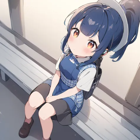  1 girl(cute, Cute, Small , Blue hair underneath,  ponytail, Long Hair,  Brown Eyes , Big Eyes, Sitting on a bench, Waiting for the train, headphone, ＪＫ, high school student,  Look Away , boring), Japanese Station, View from above,, Wide angle view, landsc...