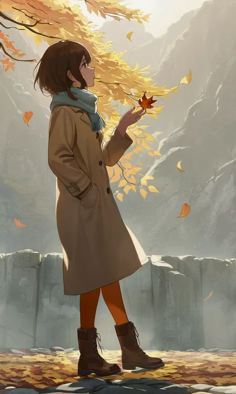 (autumn colored soft layer),(solo),1girl(long brown hair, cute, autumnal attire, scarf, coat, boots, pinching leaves(which are shining golden through the sunlight),full body,looking away),(from side:1.5), long shot, (simple minimalism white background:1.5)...