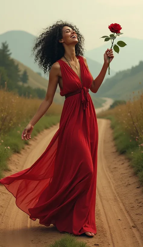 A gypsy woman wearing red standing at a crossroads of two paths laughing with a rose in her hand