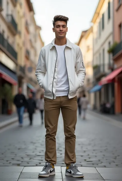 (8K, RAW photo, photorealistic:1.25), Full body shot, hdr photo, photorealistic, hyperrealistic, of a 25 year old handsome man, fit body trapezoid, white skin, oval shape, two block hairstyle, dressed in white Jacket, khaki chinos, Grey air jordan sneakers...