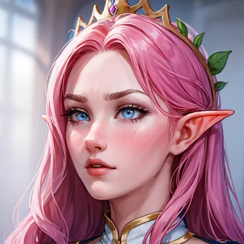 Woman, long wavy hair, blue eyes, pink hair, elf, queen, crown, serious expression, lust, serious expression