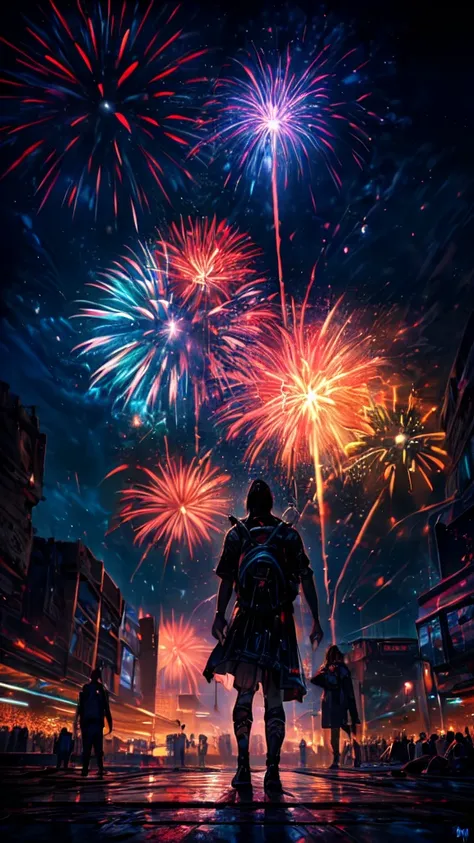 a sky full of colorful fireworks, people standing on the ground looking up at the dazzling display, their backs to the viewer, highly detailed, vibrant colors, dramatic lighting, cinematic composition, 8k, hyper realistic, professional photography, masterp...