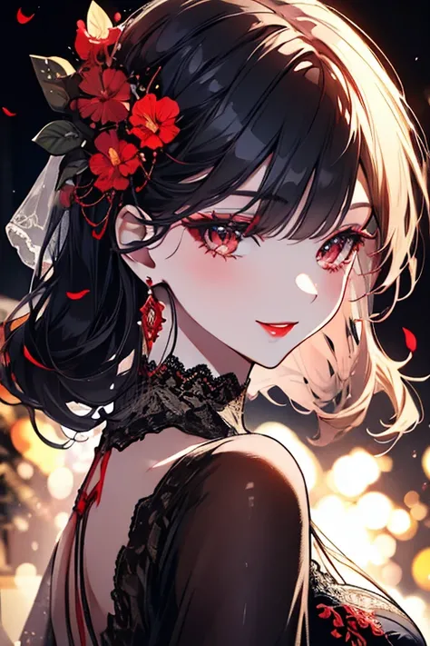 Beautiful woman with bright red lips、Long eyelashes、A seductive smile、lace fabric accessories、Earrings、Spider web motif