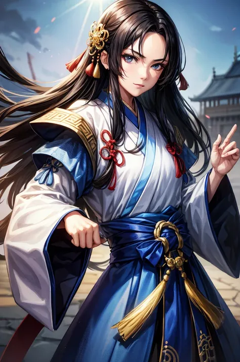 １People men, intenceserioue, Hanfu, Straight Hair, Black Hair, hair spread out, light blue eye, Five fingers, An old Chinese castle in the background, cinematic lighting, cowboy shot, close-up, UHD, retina, masterpiece, accurate, anatomically correct, text...