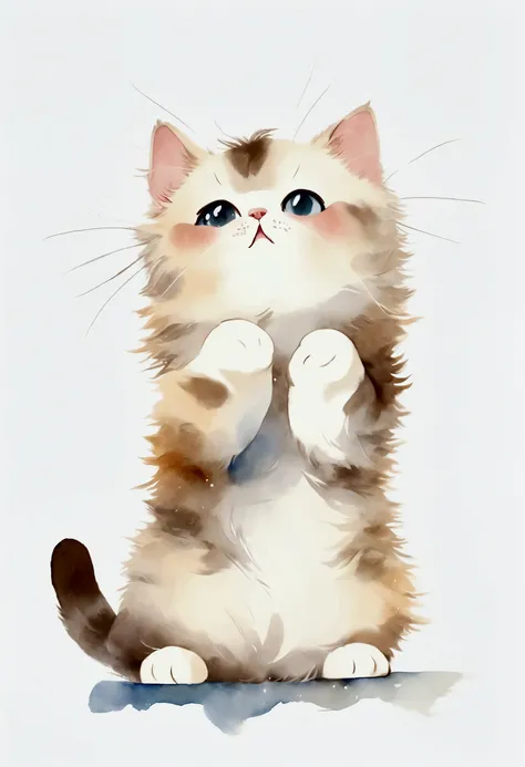 cute, Cat, White Background, chibi,  Fluffy fur, watercolor, 和Cat, Stretching oneself, 子Cat, One