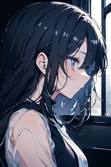 女の子One person、Mature、 White Sheer Skin、Long black hair、Shiny Hair、Downcast eyes、Long eyelashes、Look down、profile、 beautiful face 、美しいprofile、On the Midnight Bus 、Window、One person、Dark Background、beautiful blue-gray eyes