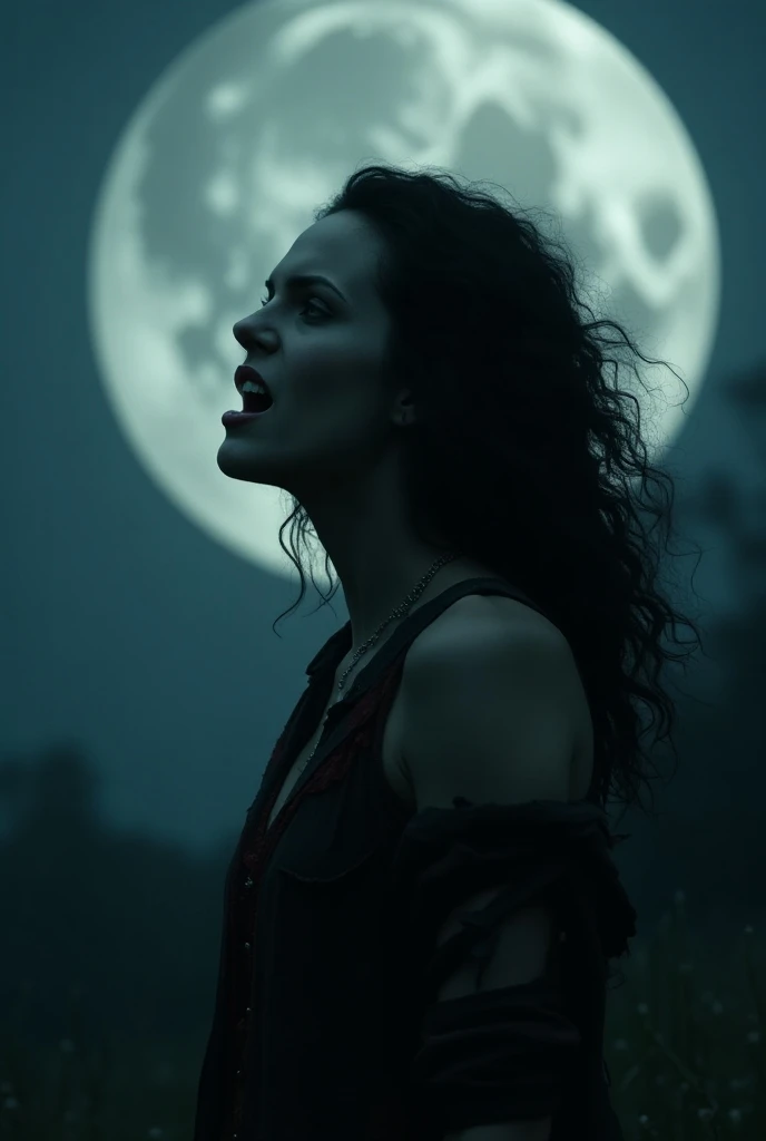 a sexy woman howling at the moon as she transforms into a ferocious werewolf, cinematic still, warner bros .com