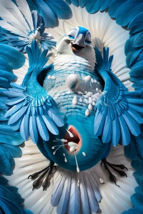 ((NSFW, sexual)), rio movie, jungle landscape, Mimi a female Spix macaw, Blue feathers, avian, ((anthro)), human body, furry, feathered arms, chubby body, (((exposing very big breasts, big ass)))), ((((((Blue feathers, excessive white bird poop splatter co...