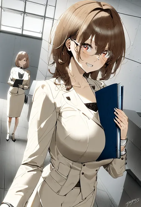 ((Best Quality)), ((masterpiece)), (detailed), (1 girl), sexy, １６８cm,  busty married woman with bright brown hair and 120cm bust,  mature woman, ( holding a file in her hand ),  mature woman, Watery-eyed mother, (Standing in the office), ( holding a file i...