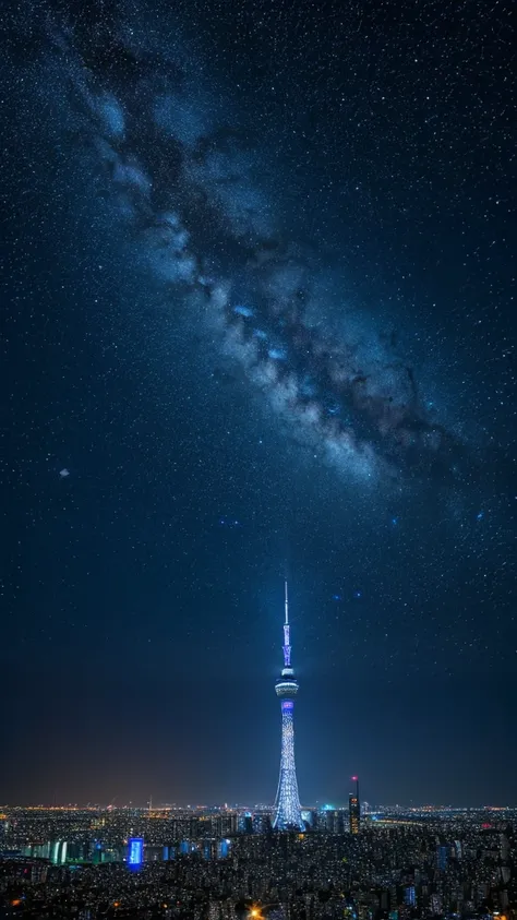  High Resolution ,Best Quality,A starry sky, fantasy,Blue World， TOKYO SKYTREE，Beautiful night view background，
