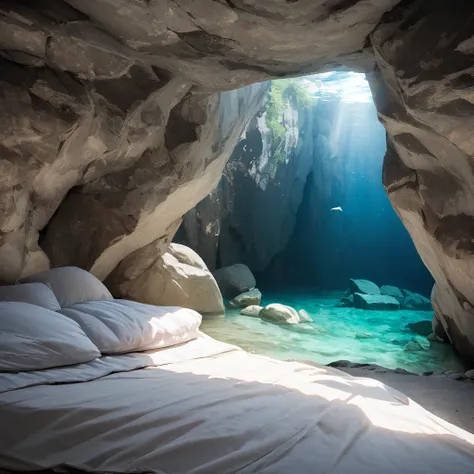 :  ultra-realistic photo scene at these 2 locations .  bright white stone cave facing the outside .  the cave is under very blue...