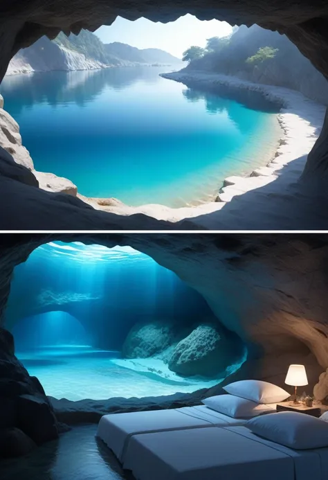 :  ultra-realistic photo scene at these 2 locations .  bright white stone cave facing the outside .  the cave is under very blue water .  there are 2 places in the cave that are not in the water. in these two places,  there are mattresses with sheets , Qui...