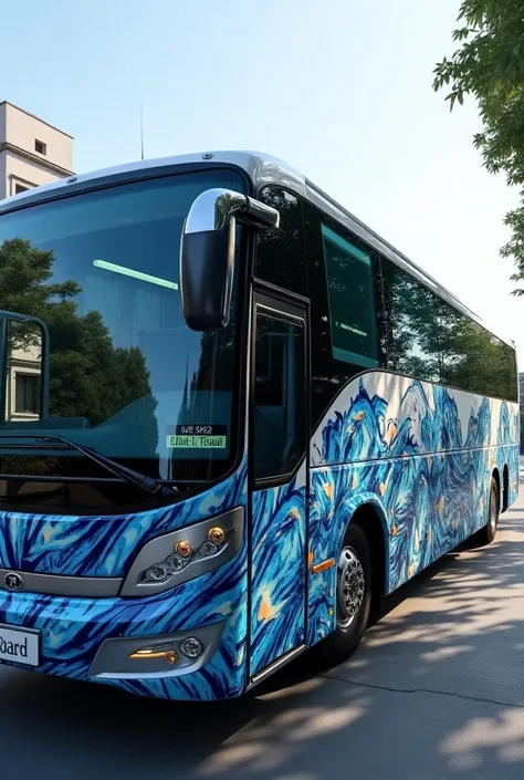 create a vip ac tourist bus in blue and white color texture peacock iamge drwing painting graffiti in outer part of the bus body show full side view of bus 