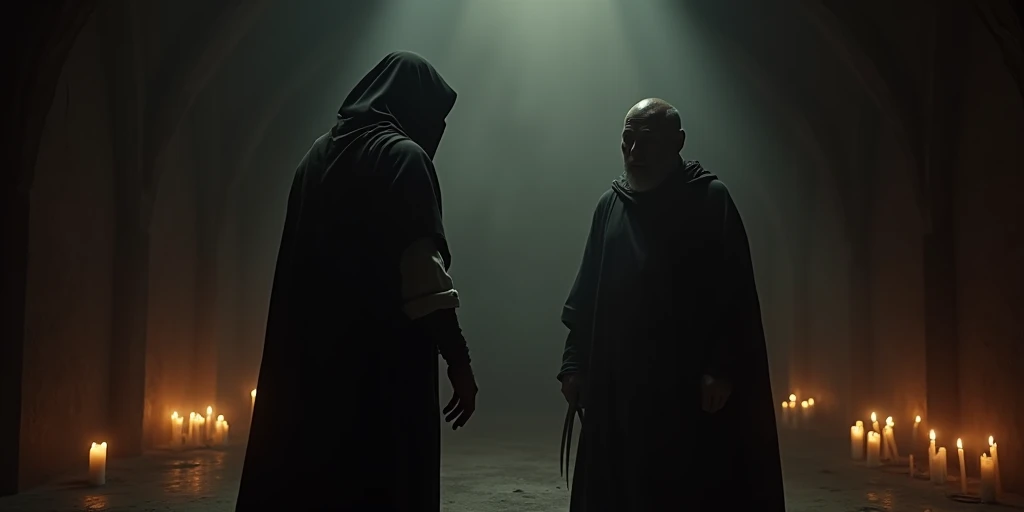  epic biblical cinematic . In a dark room,  illuminated only by the faint light of scattered candles ,  the old man invoked from behind .  His figure is wrapped in a hood and a dark cape,  that falls in dramatic folds and mixes with the shadow of the envir...