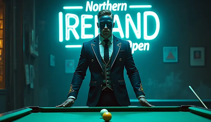 superhero billiards player wearing waistcoat, lands down on Earth, dark setting,  white neon sign Northern Ireland Open, comic