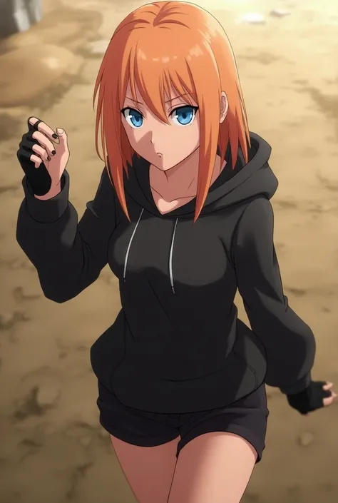 Naruto Shippuden screencap of a female with straight short strawberry blonde hair, tanned skin color, light blue eyes, heart face shape. She is wearing black shorts, a black hoodie and black gloves. Pierrot studios naruto shippuden screencap