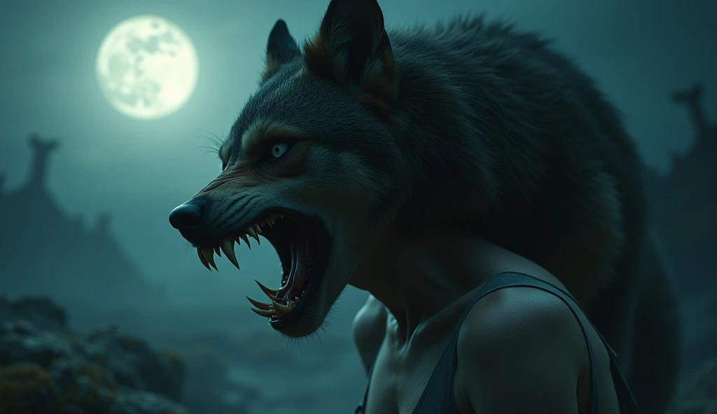 a sexy woman howling at the moon as she transforms into a ferocious werewolf, cinematic still, blumhouse .com