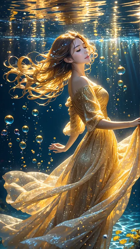 This image depicts a woman in an underwater scene, her hair flowing freely and tiny particles of light and bubbles surrounding her. The woman is wearing a golden, off-the-shoulder dress that appears to be made of a thin, loose fabric reminiscent of a fanta...