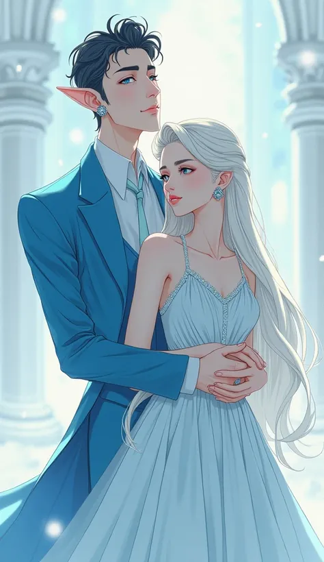 A pointy man in a blue formal dress poses for a group photo holding a woman in a white formal dress from behind，dream, Heterochromia, earrings, Long hair, Anime style, Ice Princess ，Prince Charming， Ethereal Fairy Tale ，雪白色dream背景，8k， vertical drawing styl...