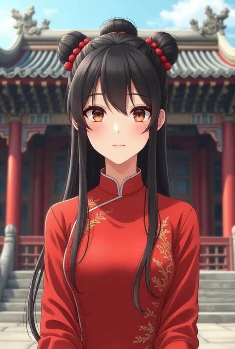  facing the front of a Chinese-style building
1 woman、
 wearing a red Chinese dress
black hair，Im wearing a bun 、 bun cover in a bundle of 2
Anime style 