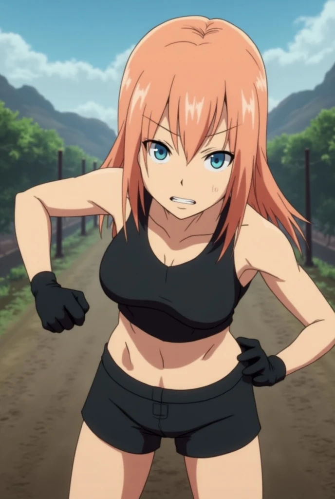 Naruto Shippuden screencap of a female with straight short strawberry blonde hair, tanned skin color, light blue eyes, heart face shape. She is wearing black shorts and black gloves. Pierrot studios naruto shippuden screencap