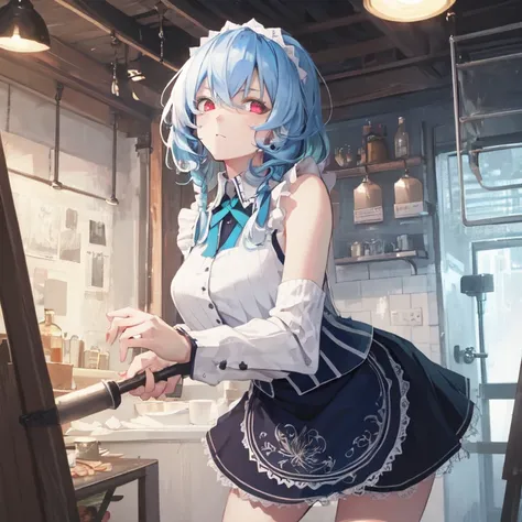 masterpiece, Best Quality,   1 girl, Alone, Light blue hair, Maid Dress,  White Apron ,  Short skirt ,  sexy pose , Sleeveless Clothes , Detailed face, Detailed eyes, Fresh Red Eyes ,  Big Red Ribbons , Blue clothes, Mid-chest,  Girls with Bowties ,  White...